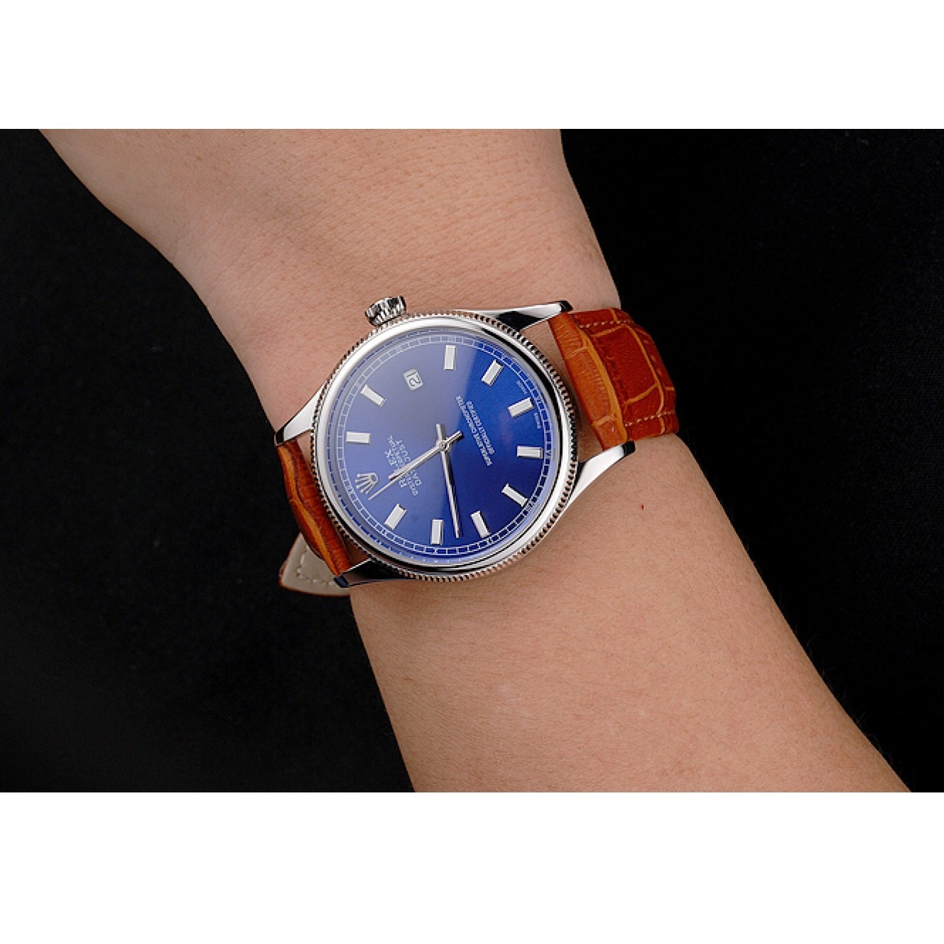 Aaa replica Case Blue Light Strap Datejust Swiss Dial Rolex Brown Leather Steel Stainless 0814